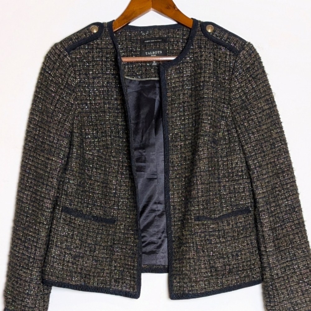 Talbots Tweed Green Blue Metallic Tweed Open‎ Blazer Jacket  Italian Knit 6P